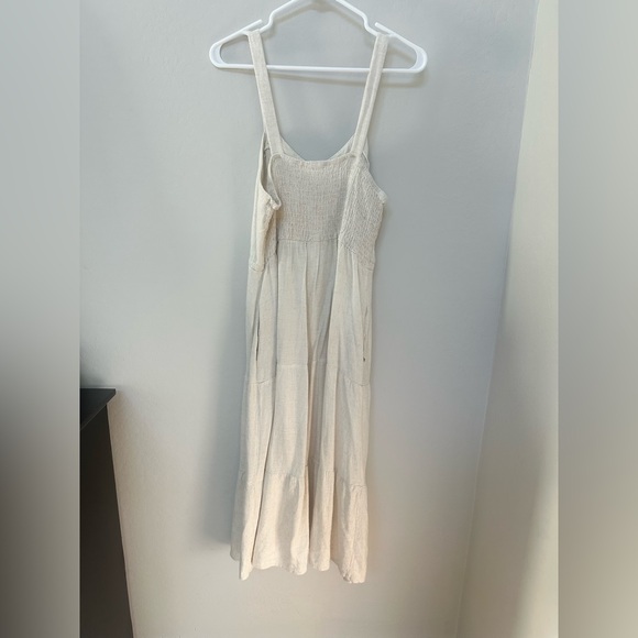 Lucky Brand Cream Linen Blend Button Front Midi Dress Size M Pockets Tie Waist - Picture 3 of 9